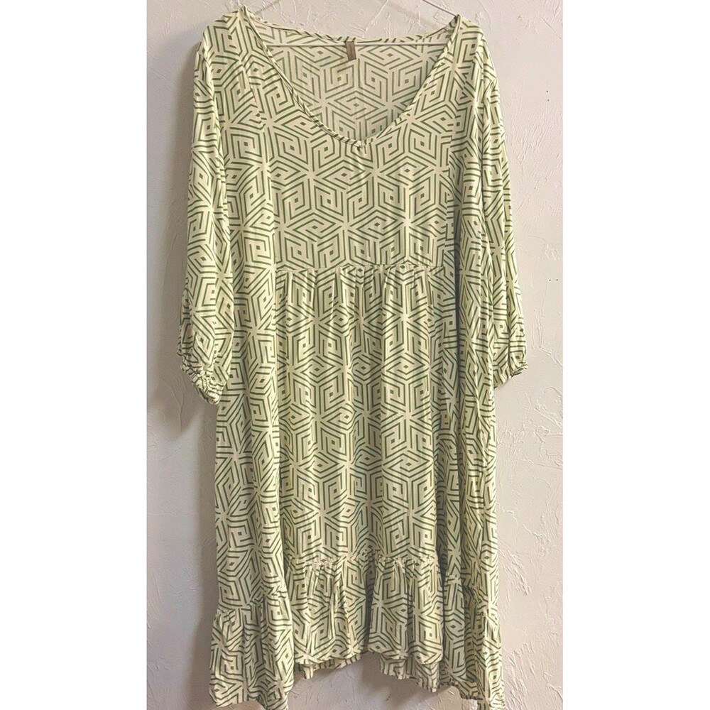 Soya Concept Green White Geometric V-Neck 3/4 Sleeve Sheath Dress Women’s S
